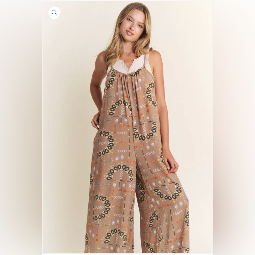 Jade By Jane Boho Aztec Print Wide Leg Sleeveless Jumpsuit in Tan With Pockets - Picture 5 of 11